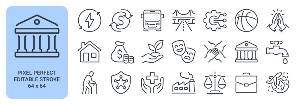 Sector of society editable stroke outline icons set isolated on white background flat vector illustration. Pixel perfect. 64 x 64.