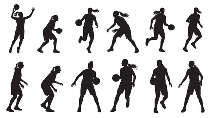 Obraz premium Basketball players set with dynamic silhouettes in various action poses, illustrating movement and sport