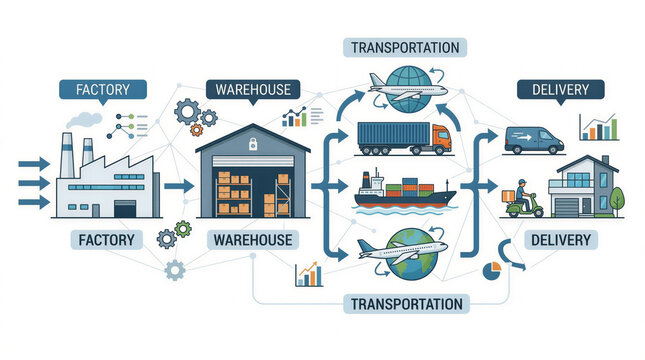 A detailed infographic illustrating the logistics and supply chain process