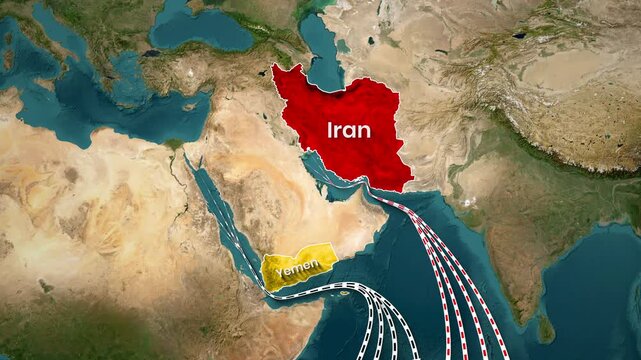 Middle East, Iran, and Yemen highlighted map with trade routes motion graphic
