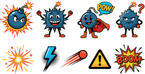 Cartoon Bomb Characters Explosion Icons Set with Comic Style Effects and Danger Symbols © Sariful