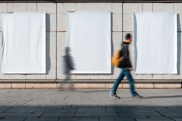 Naklejka premium Three blank posters hanging on a wall with a blurred figure walking past, ready for advertisement