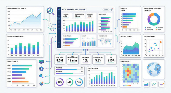 A comprehensive infographic showcasing various data visualization charts and graphs