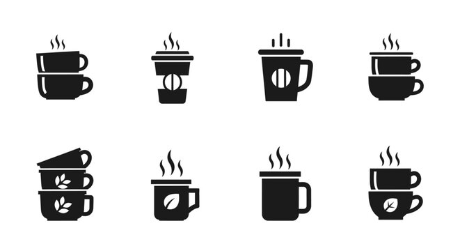 Set of coffee and tea cup icons with leaf and bean symbols for cafe branding design collection of hot beverage mug silhouettes with steam for menus isolated