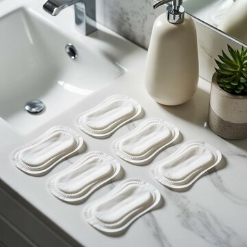 A flat lay of several unwrapped daily pantyliners arranged neatly on a modern bathroom vanity next to a ceramic soap dispenser and a plant
