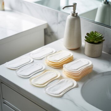 A flat lay of several unwrapped daily pantyliners arranged neatly on a modern bathroom vanity next to a ceramic soap dispenser and a plant