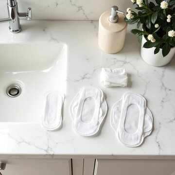 A flat lay of several unwrapped daily pantyliners arranged neatly on a modern bathroom vanity next to a ceramic soap dispenser and a plant
