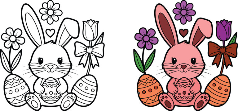 Coloring page of two easter bunnies with flowers and carrots silhouette