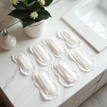 A flat lay of several unwrapped daily pantyliners arranged neatly on a modern bathroom vanity next to a ceramic soap dispenser and a plant