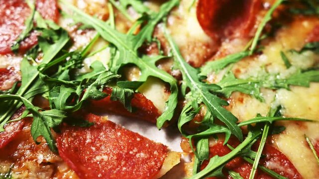 Pepperoni pizza texture with fresh arugula, top view Italian cuisine background