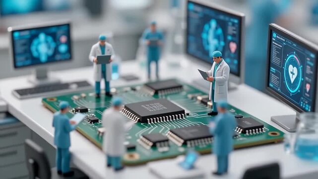 Miniature scientists analyzing DNA data on a digital tablet, representing biotechnology, genomics research, and advanced medical innovation.