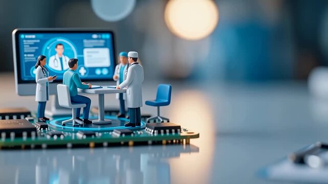 Miniature scientists analyzing DNA data on a digital tablet, representing biotechnology, genomics research, and advanced medical innovation.