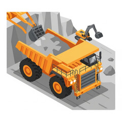 Large yellow mining dump truck loading rocks with excavator in quarry. © Budd