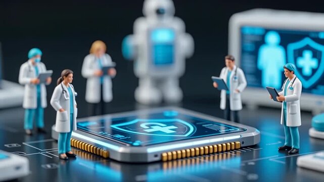 Miniature scientists analyzing DNA data on a digital tablet, representing biotechnology, genomics research, and advanced medical innovation.