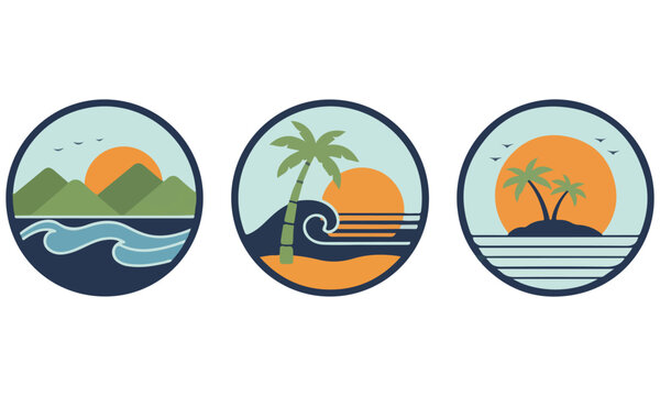 Set of Retro Nature Logos, Vintage Circular Badges for Summer Travel and Adventur
