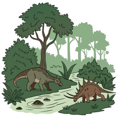 Two dinosaurs triceratops and another type standing by a stream in a forest with trees and plants © eee