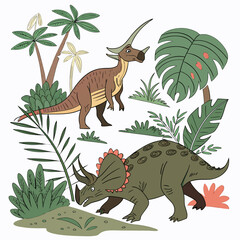 Two cartoon dinosaurs, a triceratops and a parasaurolophus, standing amidst tropical plants and foliage © eee
