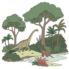 Two friendly looking dinosaurs standing near a stream in a lush prehistoric forest © eee