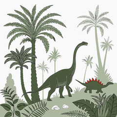 An illustration of a brachiosaurus and a stegosaurus in a prehistoric landscape with palm trees and ferns © eee