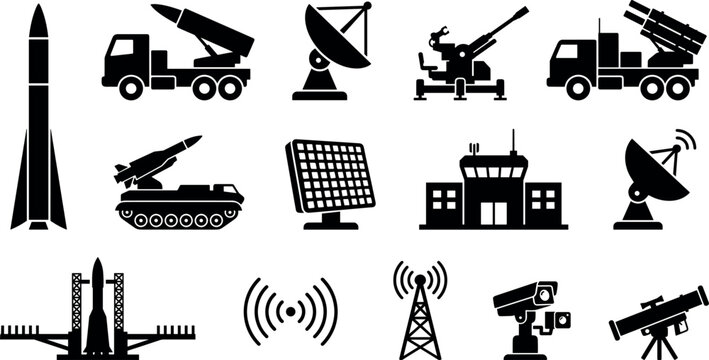 Military Technology Silhouette Icons Set with Missile Launcher, Radar, Satellite and Defense Systems