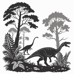 A black silhouette of a dinosaur and trees on a with prehistoric plants and another dinosaur in the distance © eee