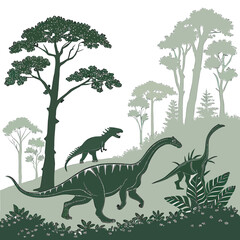 A group of green dinosaurs walking through a forest with trees and plants © eee