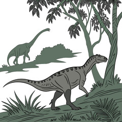 Fototapeta premium An illustration of two dinosaurs walking near trees and grass on a prehistoric landscape with a pure