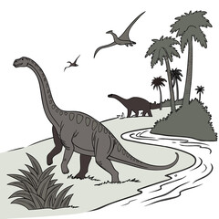 An illustration of a dinosaur standing near a winding river with palm trees and flying reptiles in the background © eee