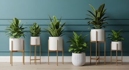 Obraz premium Collection of Indoor Houseplants in White Pots with Golden Stands on Teal Paneled Wall