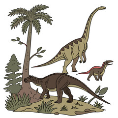 An illustration of three dinosaurs standing on a prehistoric landscape with palm trees and plants © eee