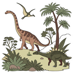 A colorful illustration of a dinosaur standing on a sandy hill with plants and another dinosaur and pterodactyl flying in the background © eee