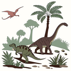 Two dinosaurs and a pterodactyl in a prehistoric landscape with palm trees © eee