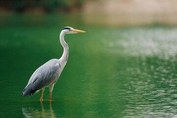 Naklejka premium Grey heron wading in green water with elegant profile long beak and reflection in calm lake