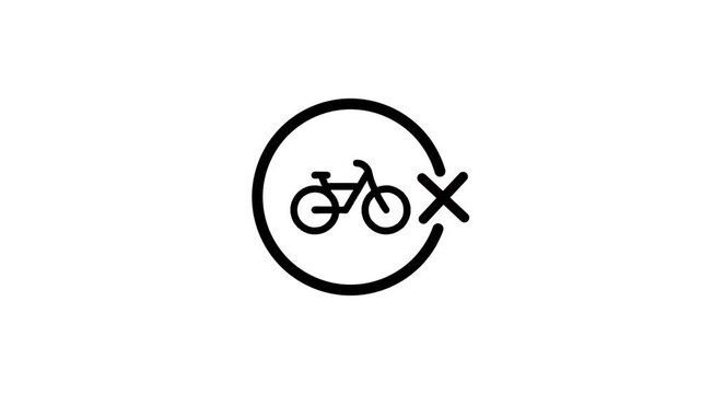 Minimalist bicycle prohibition icon animation showing bike symbol inside circle with cross mark on white background