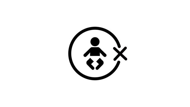 Minimalist animation showing baby icon inside circle with cross mark symbol representing childfree lifestyle concept