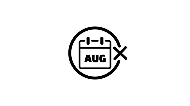 Animated calendar icon showing august month with cross mark signifying cancellation or expired deadline in black motion graphics