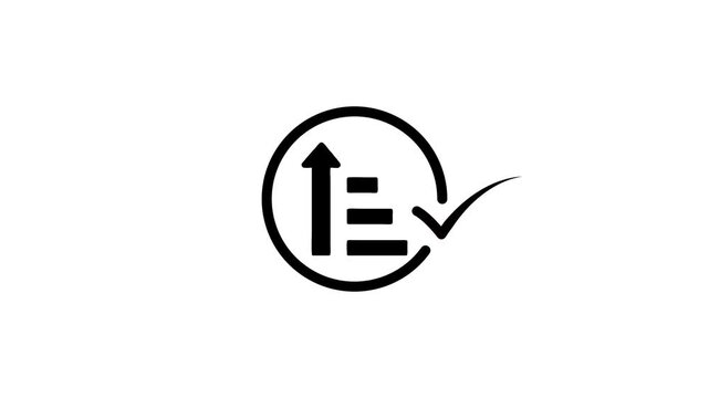 Minimalist black and white animation showing progress bar with upward arrow and checkmark icon for completion