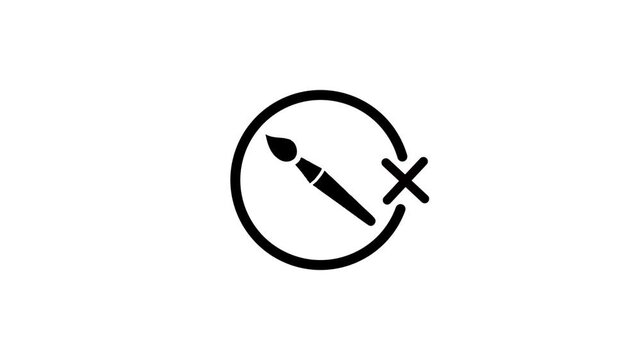 Black outline of a paint brush in a circle with an x appearing next to it, animated on a white background, representing no drawing or no painting