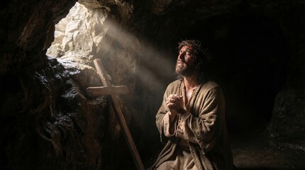 Fototapeta premium Jesus Christ with crown of thorn kneeling and praying in dark stone tomb illuminated by light rays. Biblical scene of resurrection and suffering. Religious concept of hope and faith.