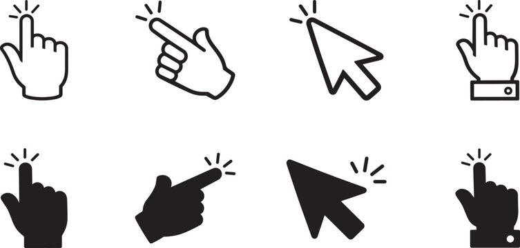 Computer mouse click cursor icon set with pointer symbols for web, UI interface, navigation actions