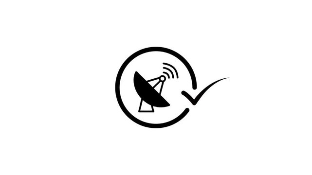 Satellite dish antenna icon with check mark symbol animation representing successful signal connection status