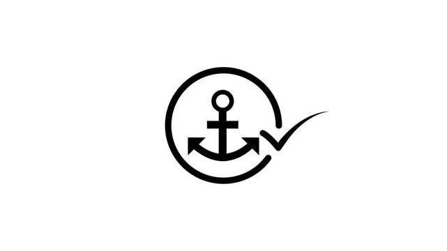 Black anchor icon with check mark motion graphic on white background marine navigation symbol footage clip