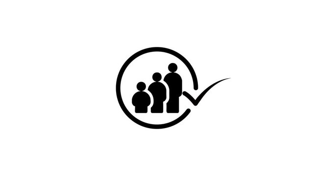 Animated group of people icons with checkmark symbol inside circular border against white background