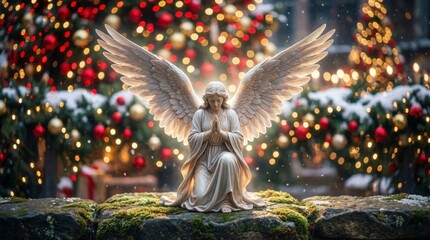 Naklejka premium Angel kneeling with wings spread for prayer. Religious stone statue in snowy garden with glowing Christmas tree lights background. Spiritual catholic concept for holy holiday celebration.