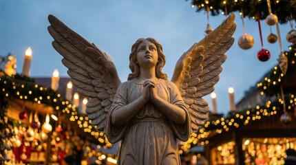 Naklejka premium Stone angel sculpture with wings praying at Christmas market. Christian divine messenger statue with glowing festive lights. Religion, catholic faith and holiday spirit background.