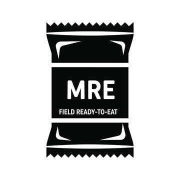 MRE field ration pack icon, black and white vector graphic of a meal ready to eat pouch for military or survival use