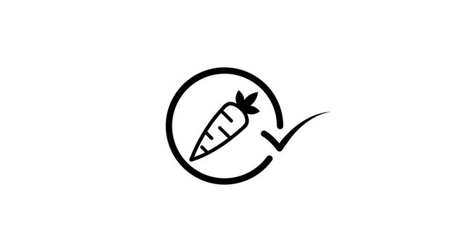 Minimalist carrot icon animation with check mark symbol in circular frame on white background for food apps