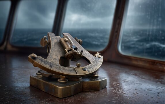 Vintage Nautical Sextant on Ship Deck During Storm, Maritime Navigation Tool, Ocean Voyage, Adventure