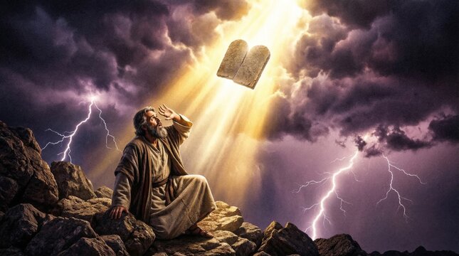 Moses receiving tablet with ten commandment on mountain top under stormy sky. Biblical scene with prophet looking at divine light. Religious art depicting old testament story of faith.
