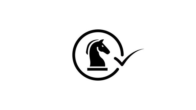 Animated chess knight icon with checkmark inside circle motion graphic